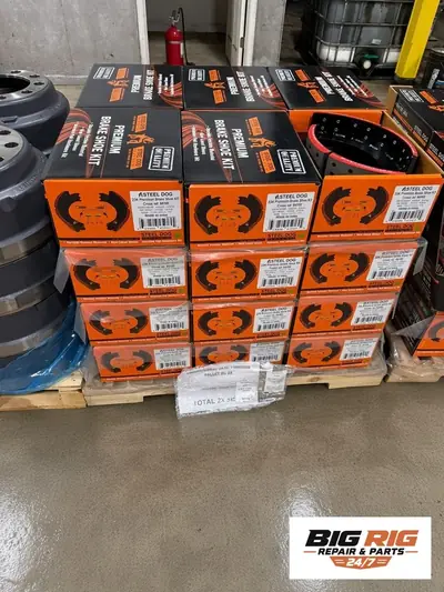 Truck brake shoe kits on pallets at Big Rig Repair & Parts, Clear Brook VA