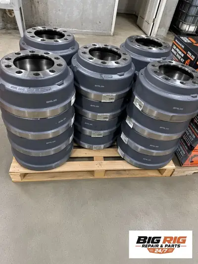 Trailer brake drums on pallet at Big Rig Repair & Parts, Clear Brook VA