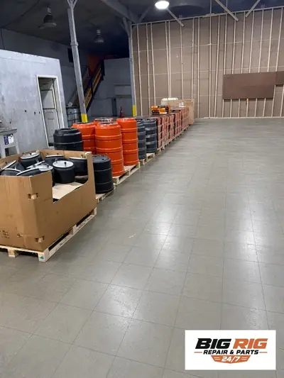 Heavy-duty truck and trailer parts warehouse aisle at Big Rig Repair & Parts, Clear Brook VA